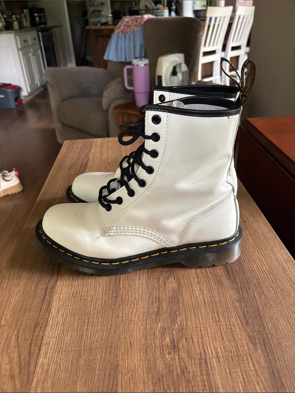 These are white Dr. Martens 1460 smooth leather combat boots. - Picture 3 of 7